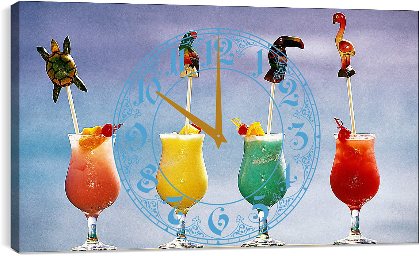 Часы картина - Четыре разноцветных коктейля и зверюшки