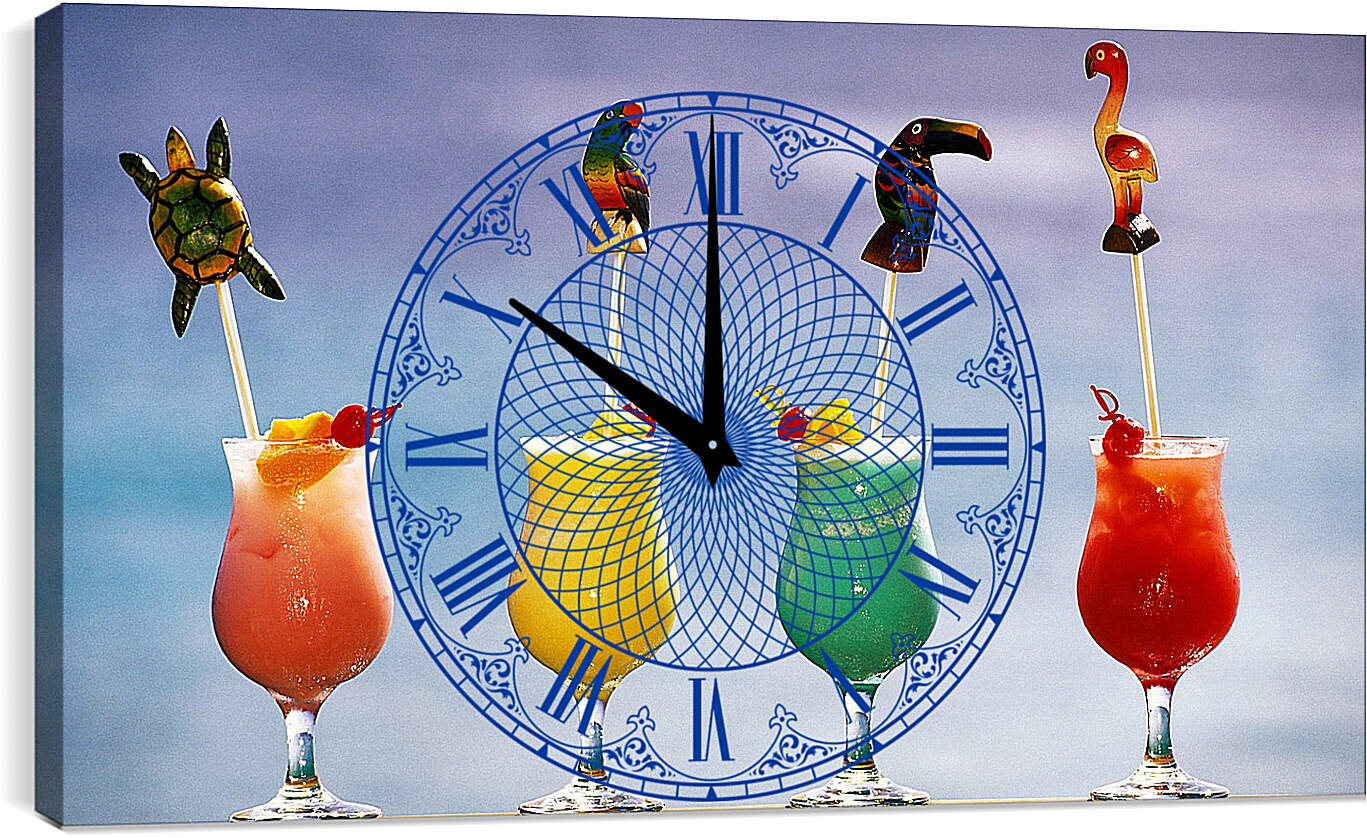Часы картина - Четыре разноцветных коктейля и зверюшки
