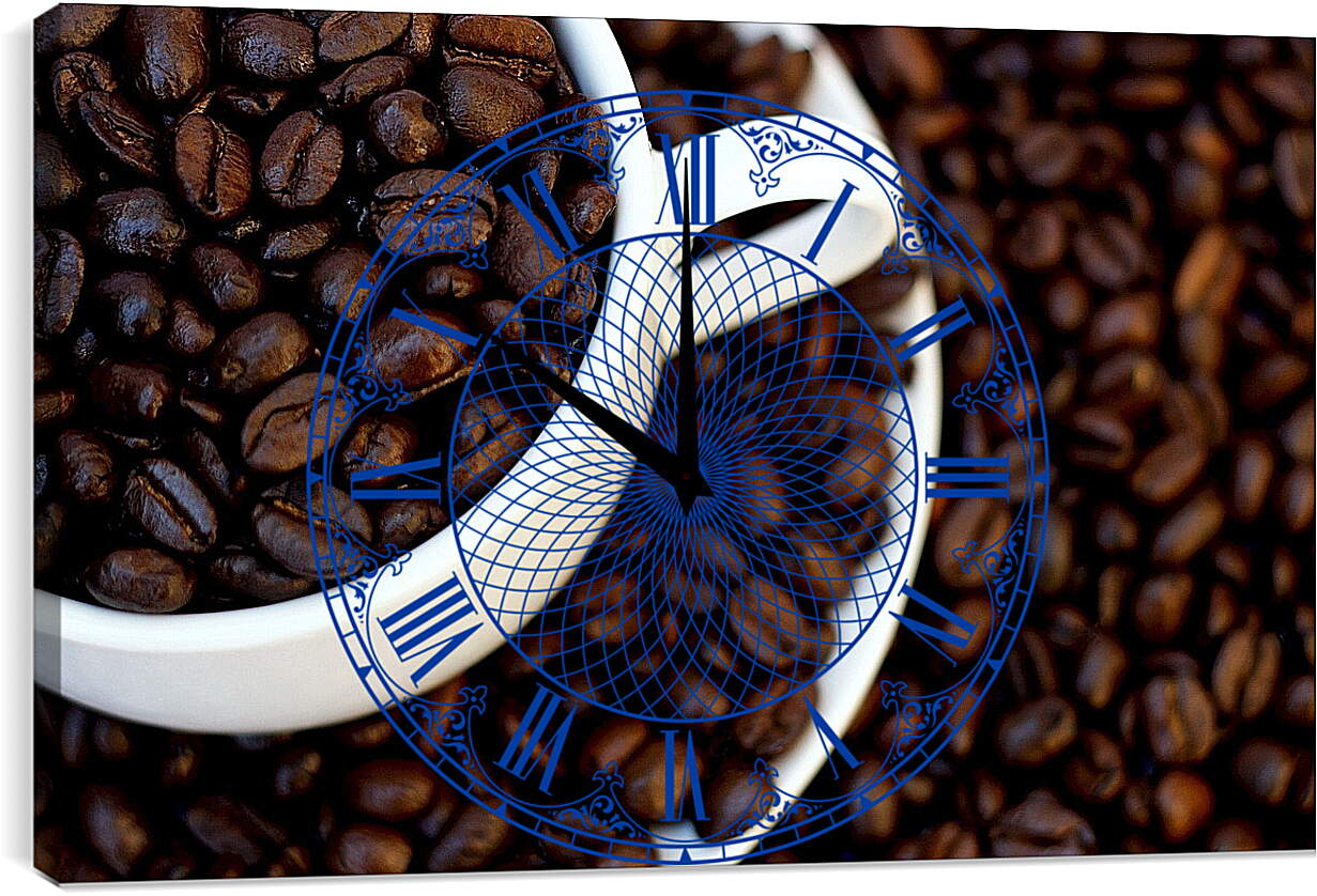 Часы картина - Зёрна кофе на столе в блюдце и чашке