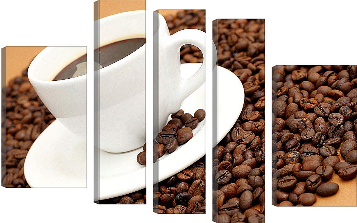 Модульная картина - Блюдце с чашкой стоящие на зернах кофе