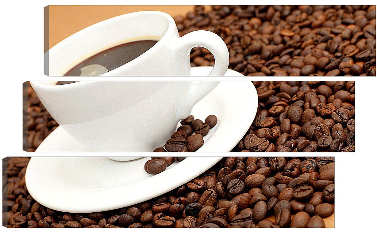 Модульная картина - Блюдце с чашкой стоящие на зернах кофе