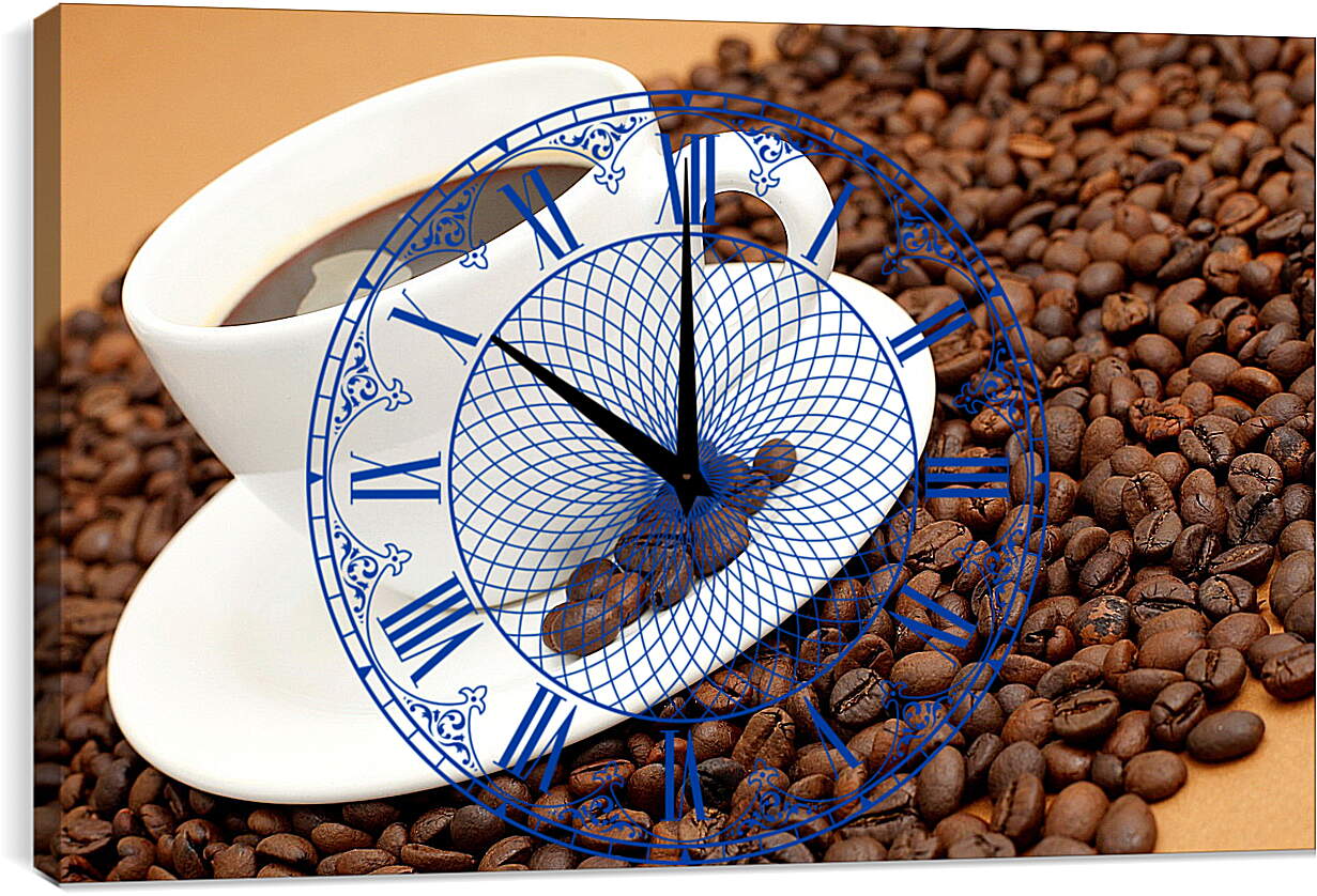 Часы картина - Блюдце с чашкой стоящие на зернах кофе