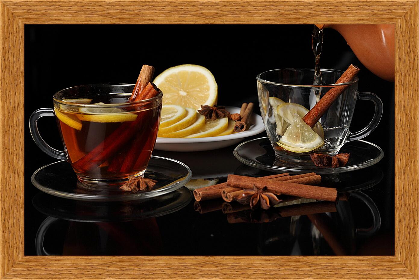 Картина в раме - Чашка чая с лимоном и чашка с лимоном без чая
