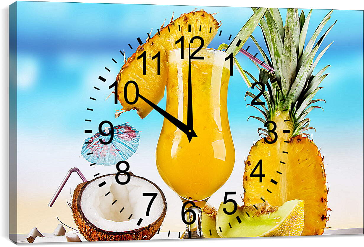 Часы картина - Коктейль из ананаса и кокос на столе
