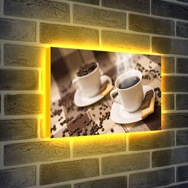 Лайтбокс световая панель - Чашки на блюдцах и дольки шоколада с печеньем