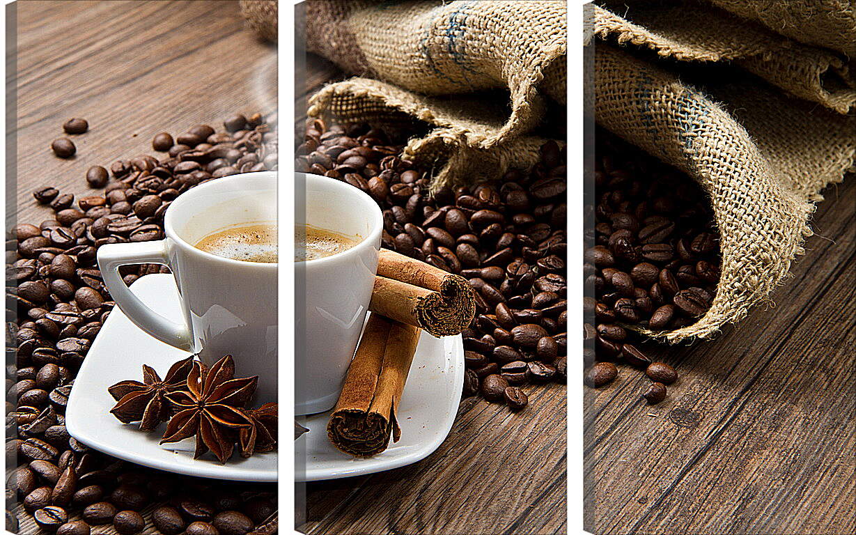 Модульная картина - Чашка кофе с блюдцем и мешок с зёрнами кофе