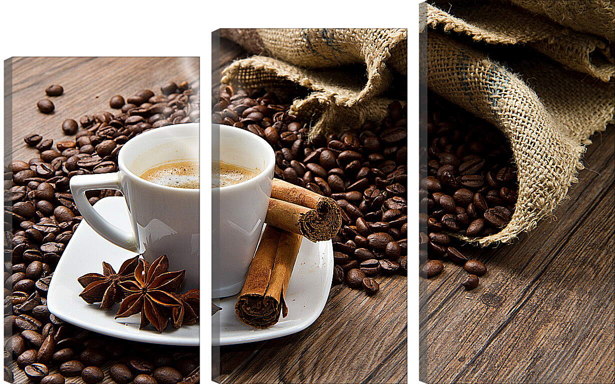 Модульная картина - Чашка кофе с блюдцем и мешок с зёрнами кофе