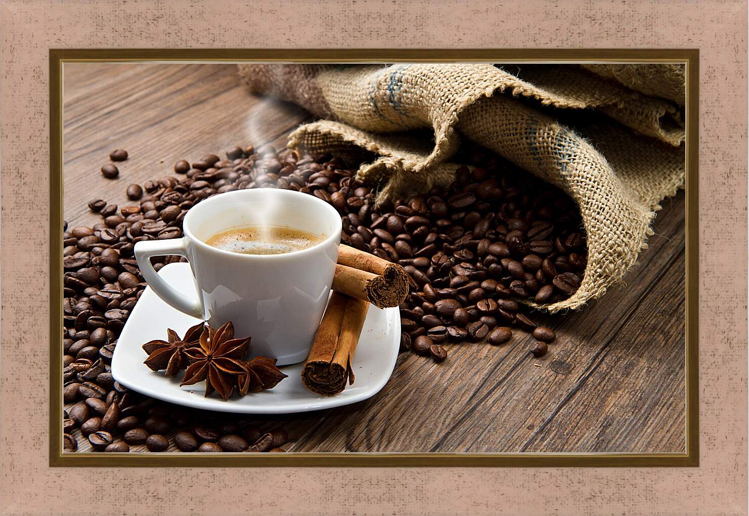 Картина в раме - Чашка кофе с блюдцем и мешок с зёрнами кофе