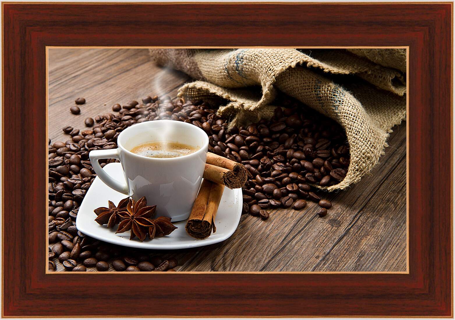 Картина в раме - Чашка кофе с блюдцем и мешок с зёрнами кофе