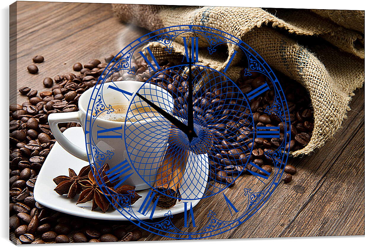 Часы картина - Чашка кофе с блюдцем и мешок с зёрнами кофе