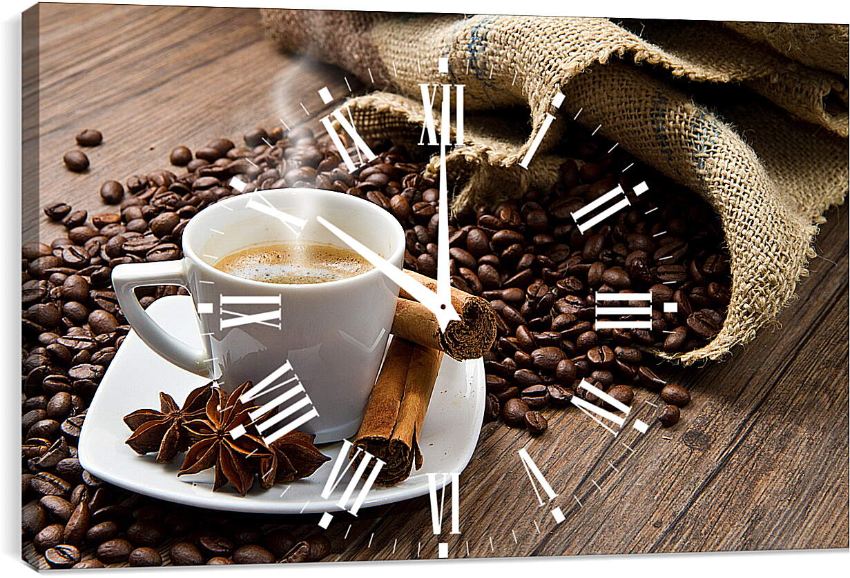Часы картина - Чашка кофе с блюдцем и мешок с зёрнами кофе