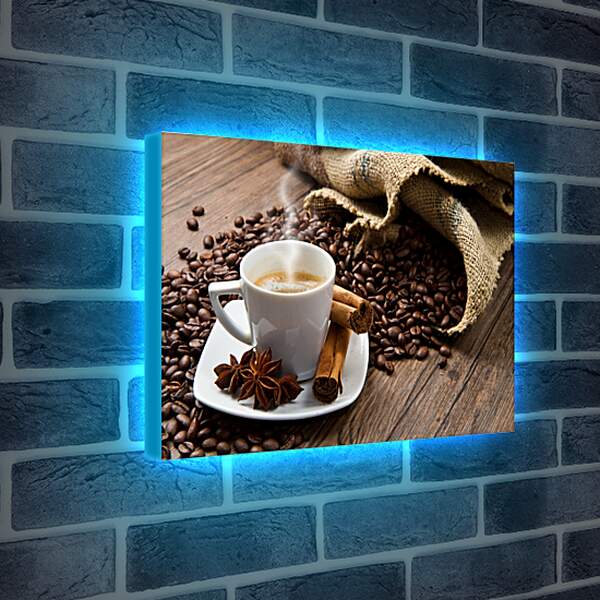 Лайтбокс световая панель - Чашка кофе с блюдцем и мешок с зёрнами кофе