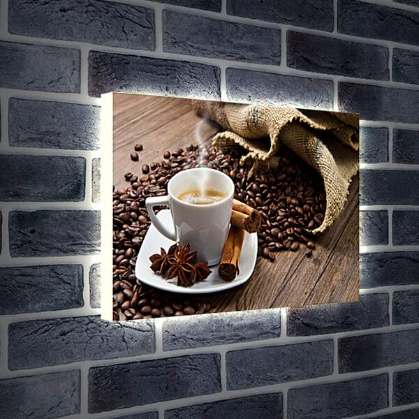 Лайтбокс световая панель - Чашка кофе с блюдцем и мешок с зёрнами кофе