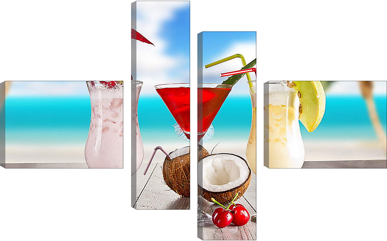 Модульная картина - Три коктейля и кокос на столе