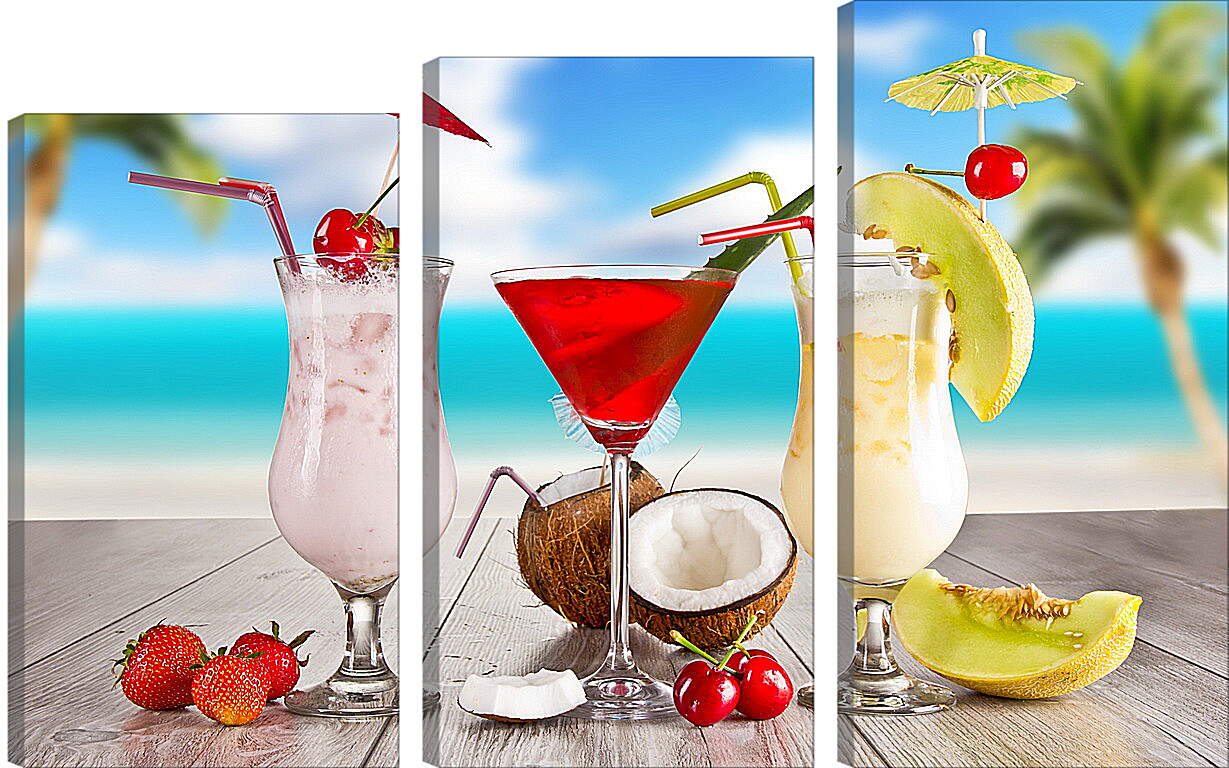 Модульная картина - Три коктейля и кокос на столе