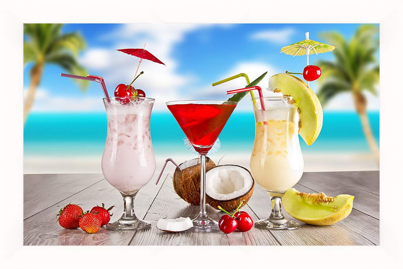 Картина в раме - Три коктейля и кокос на столе