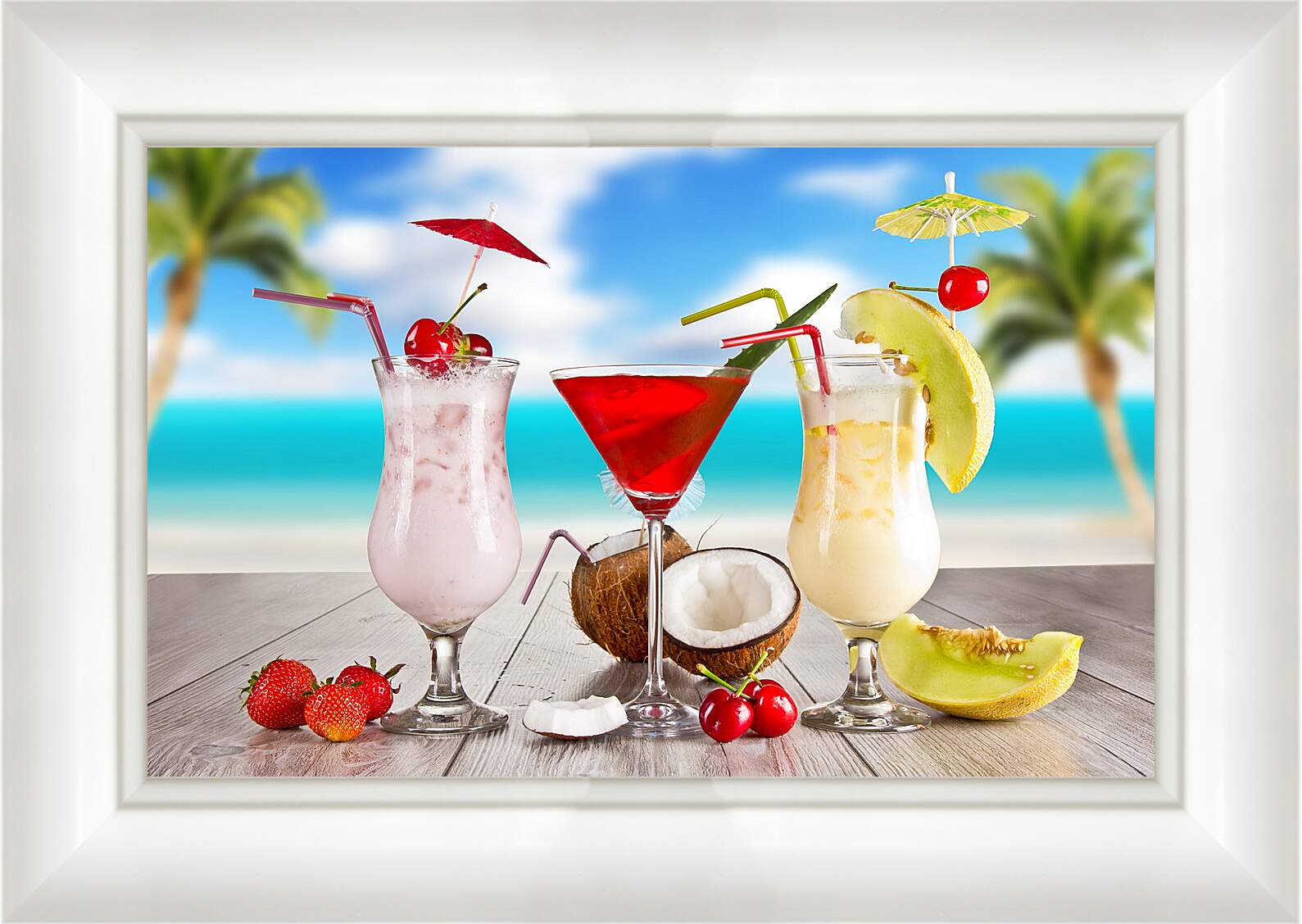 Картина в раме - Три коктейля и кокос на столе