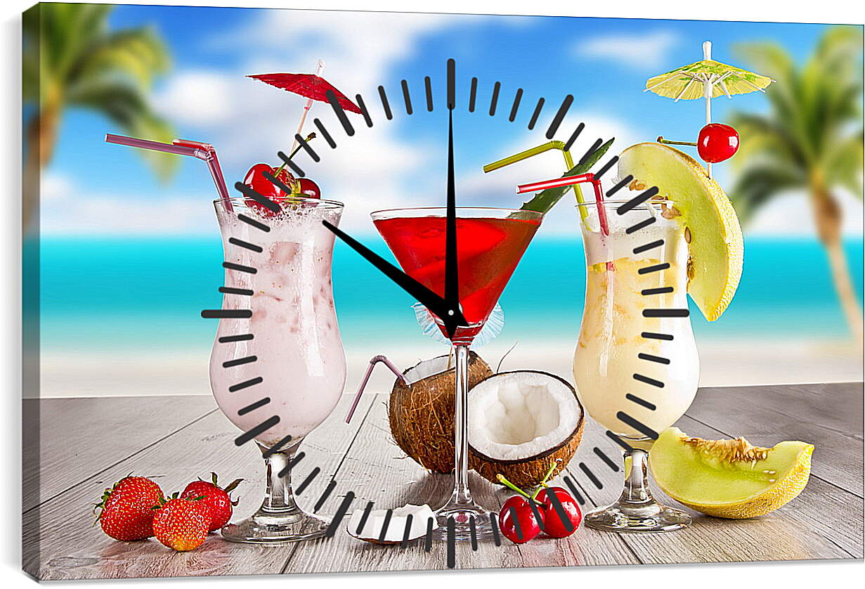Часы картина - Три коктейля и кокос на столе