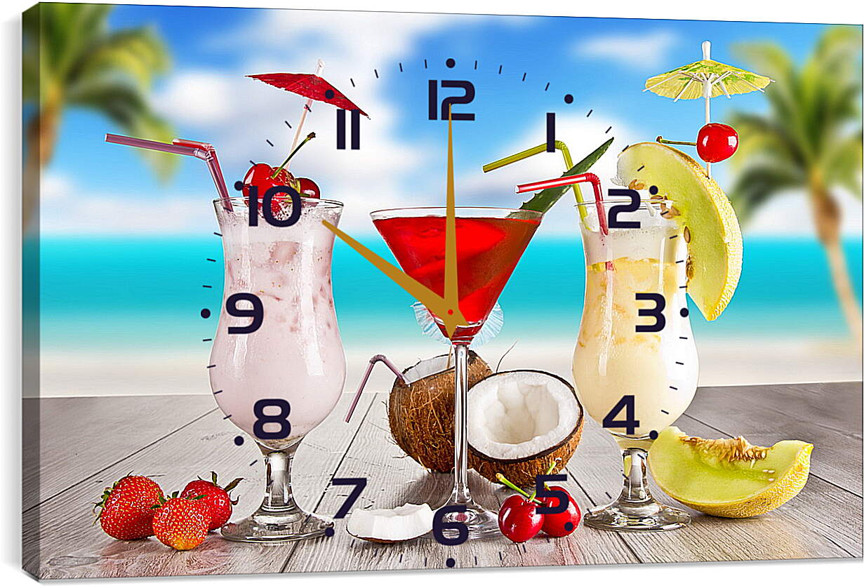 Часы картина - Три коктейля и кокос на столе