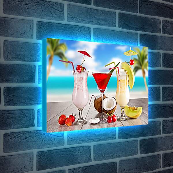 Лайтбокс световая панель - Три коктейля и кокос на столе