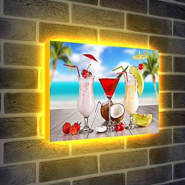 Лайтбокс световая панель - Три коктейля и кокос на столе