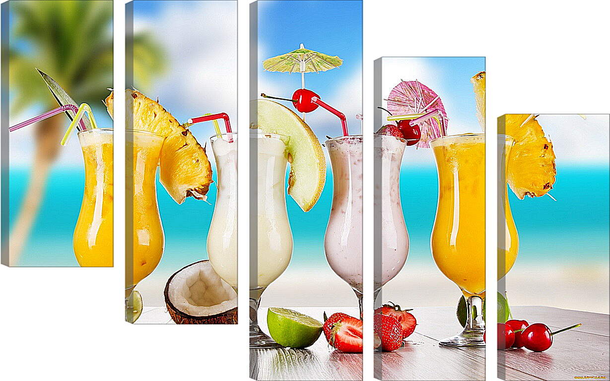 Модульная картина - Четыре коктейля и фрукты на столе
