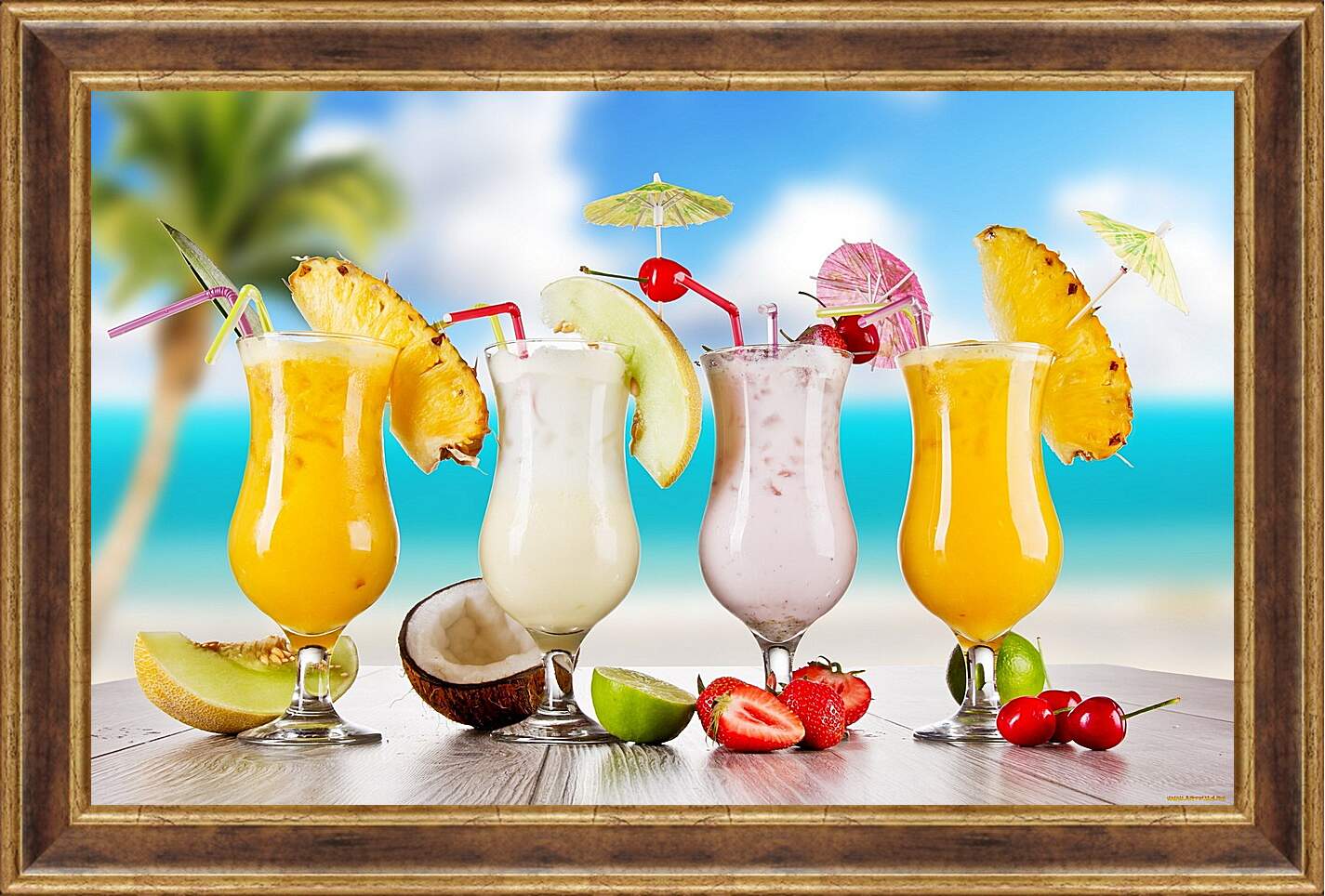 Картина в раме - Четыре коктейля и фрукты на столе