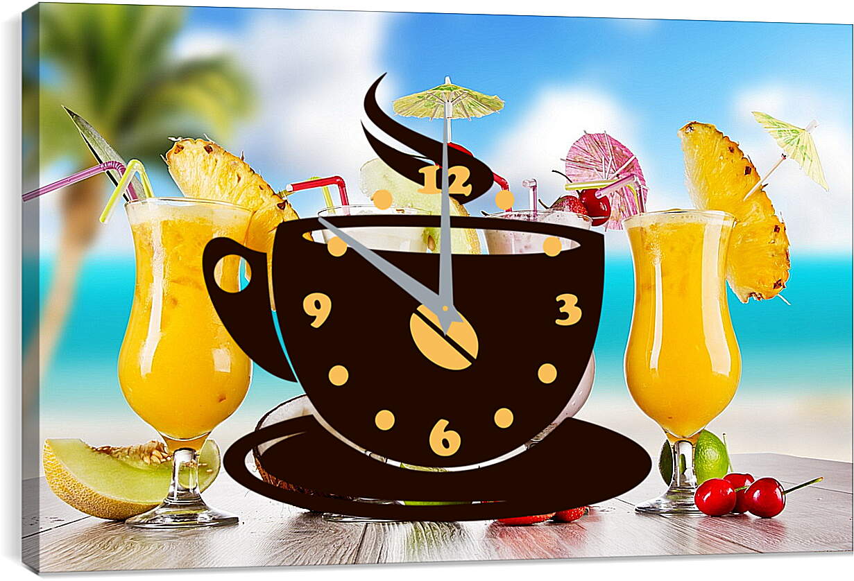 Часы картина - Четыре коктейля и фрукты на столе