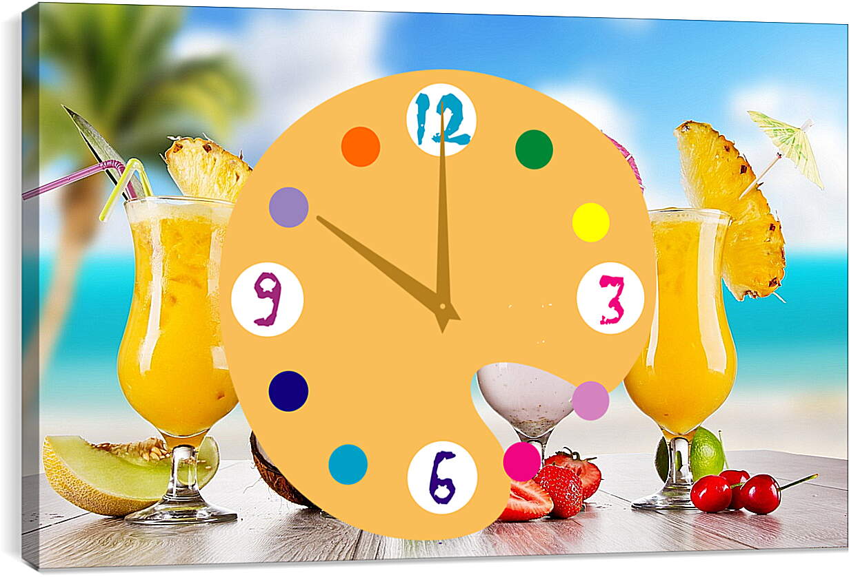 Часы картина - Четыре коктейля и фрукты на столе