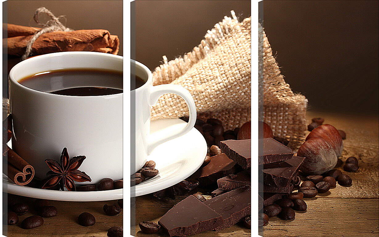 Модульная картина - Чашка кофе на блюдце и дольки шоколада