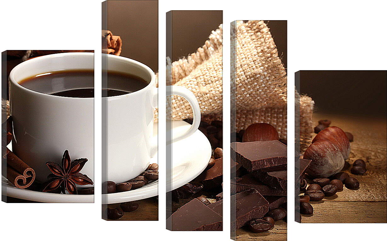 Модульная картина - Чашка кофе на блюдце и дольки шоколада