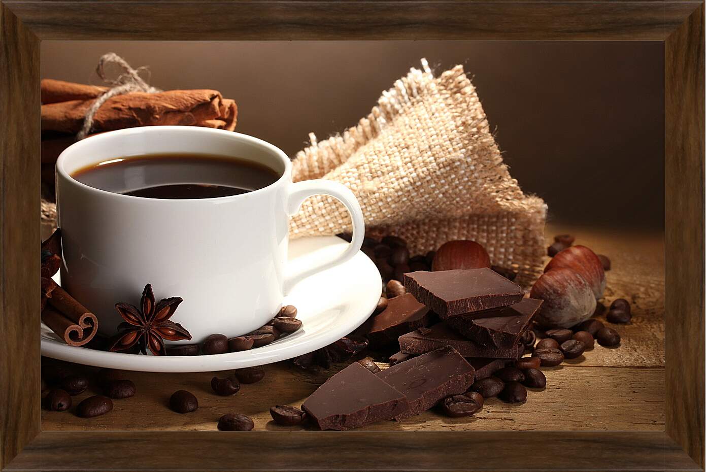 Картина в раме - Чашка кофе на блюдце и дольки шоколада