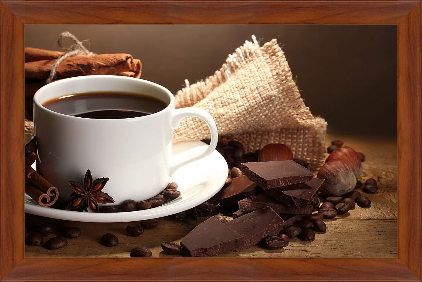 Картина в раме - Чашка кофе на блюдце и дольки шоколада