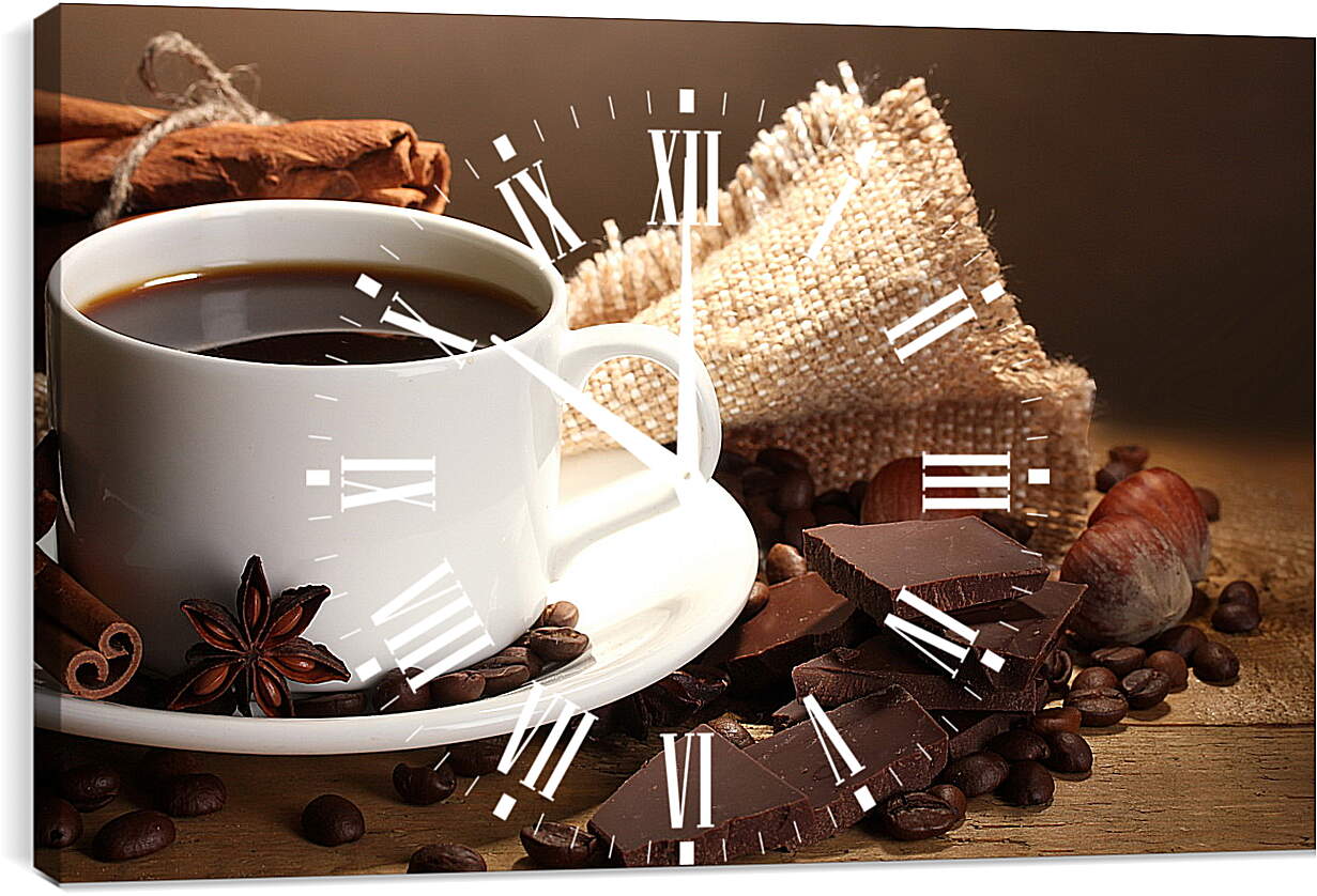 Часы картина - Чашка кофе на блюдце и дольки шоколада