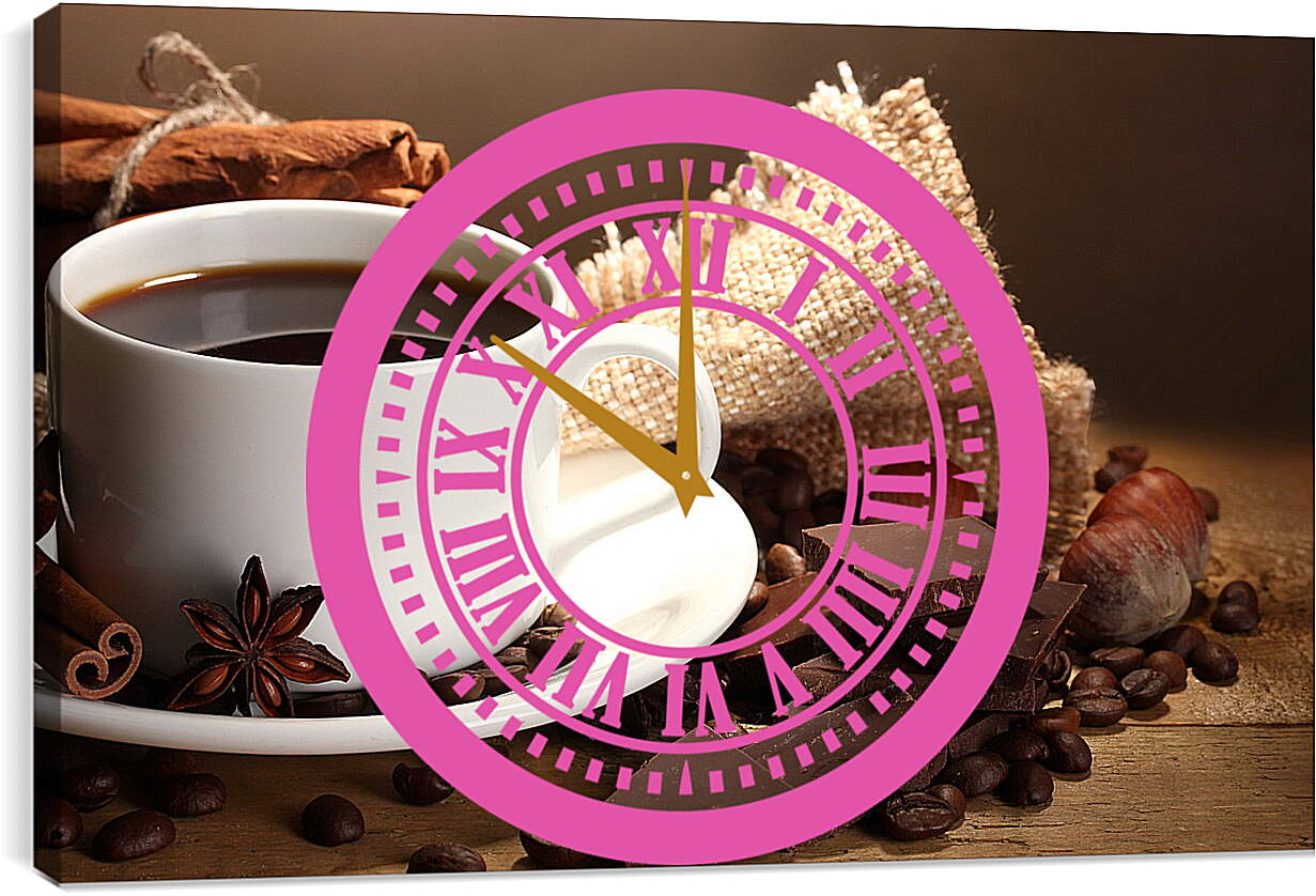 Часы картина - Чашка кофе на блюдце и дольки шоколада