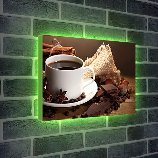 Лайтбокс световая панель - Чашка кофе на блюдце и дольки шоколада