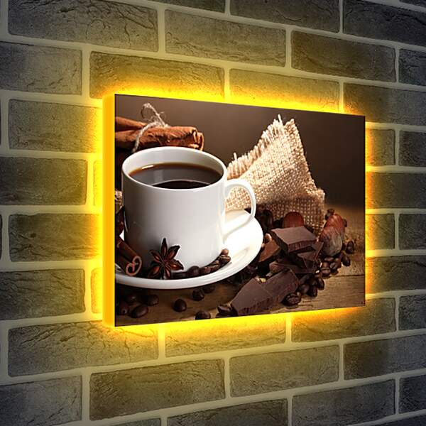 Лайтбокс световая панель - Чашка кофе на блюдце и дольки шоколада