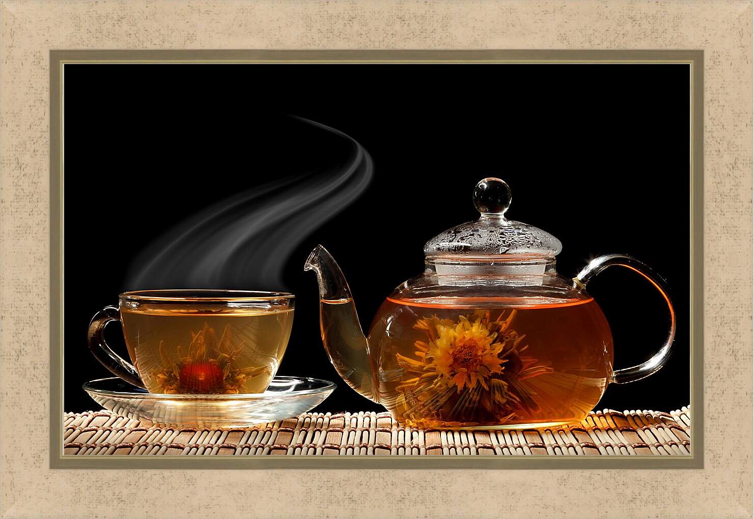 Картина в раме - Чай, чайник, чашка, блюдце