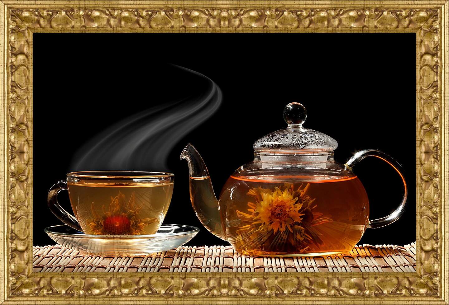 Картина в раме - Чай, чайник, чашка, блюдце