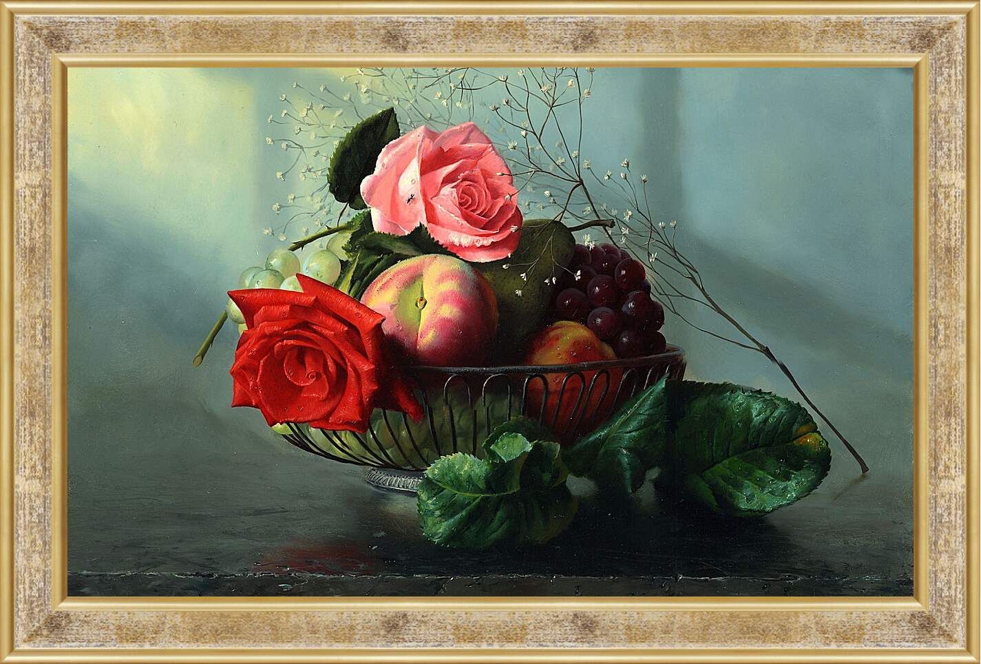 Картина в раме - Фрукты и цветы в вазе