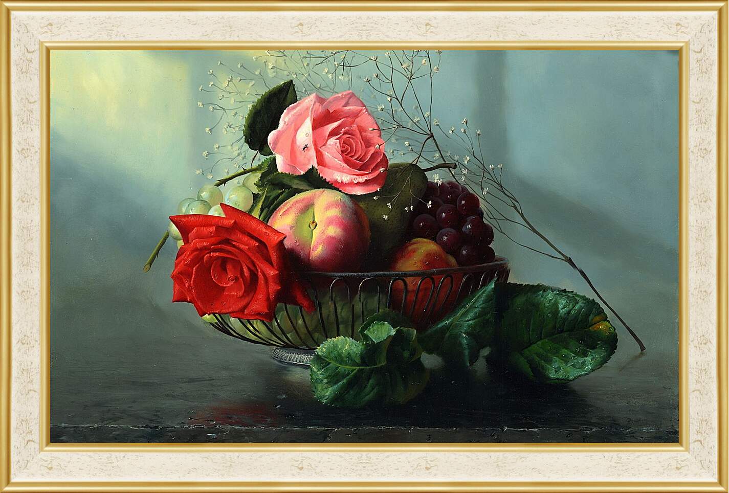 Картина в раме - Фрукты и цветы в вазе