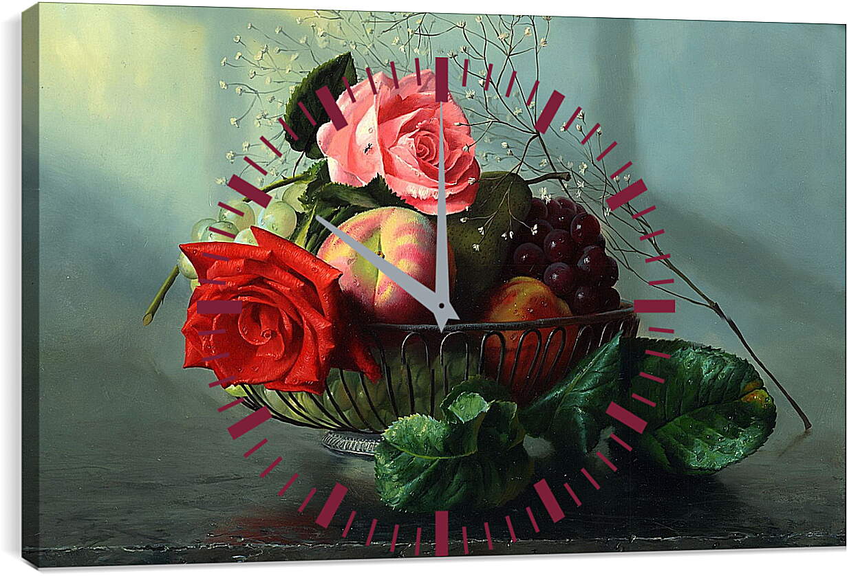 Часы картина - Фрукты и цветы в вазе