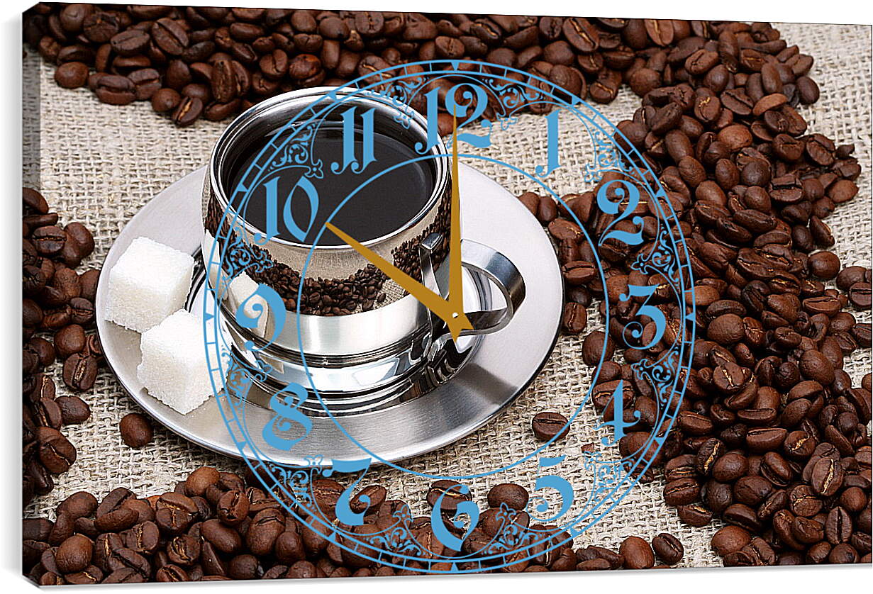 Часы картина - Кофе и кусочки сахара на блюдце