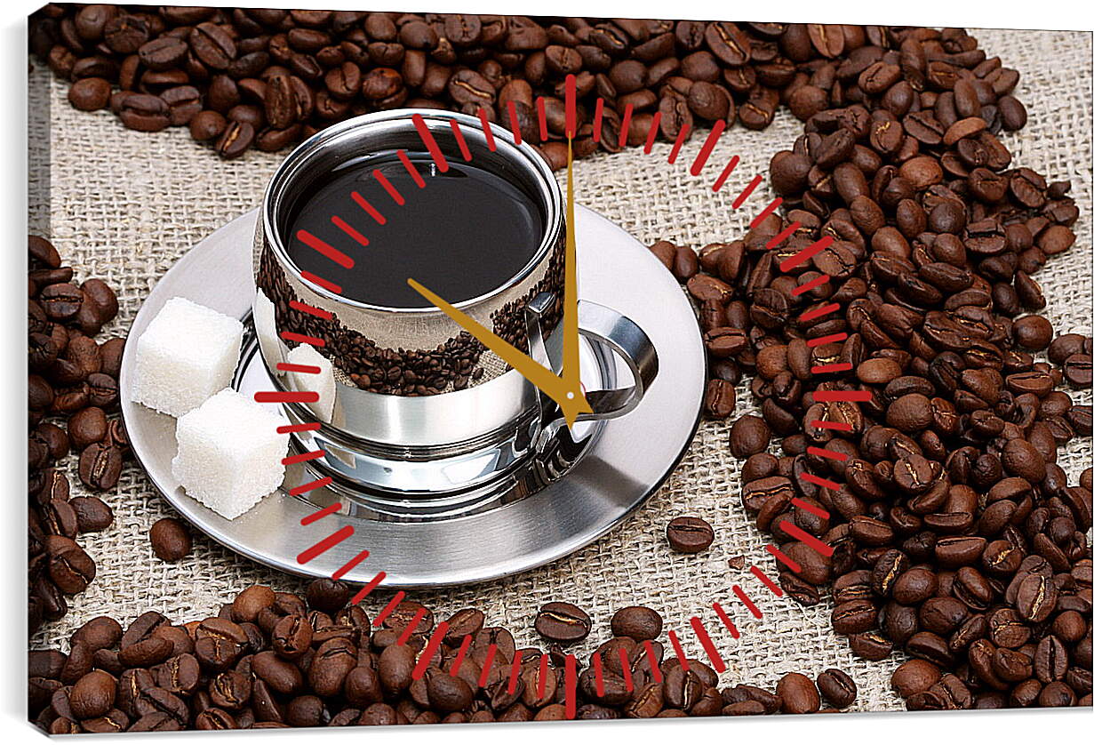 Часы картина - Кофе и кусочки сахара на блюдце