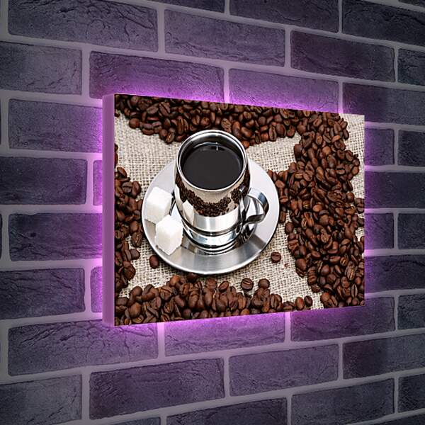 Лайтбокс световая панель - Кофе и кусочки сахара на блюдце