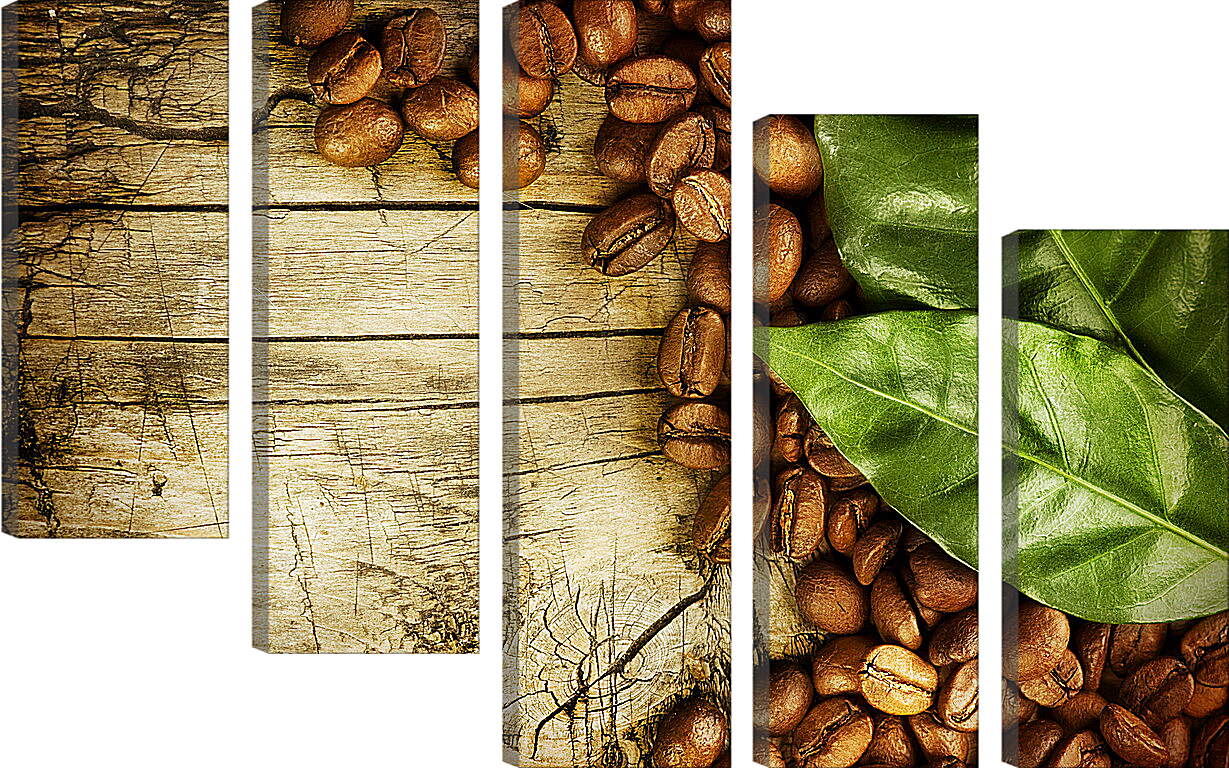 Модульная картина - Кофейные зёрна прикрытые листьями