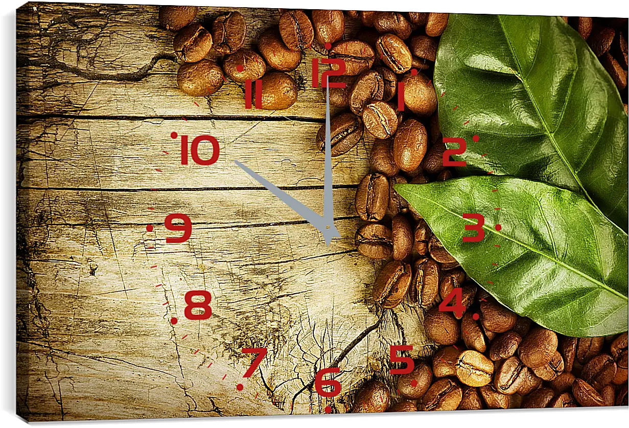 Часы картина - Кофейные зёрна прикрытые листьями