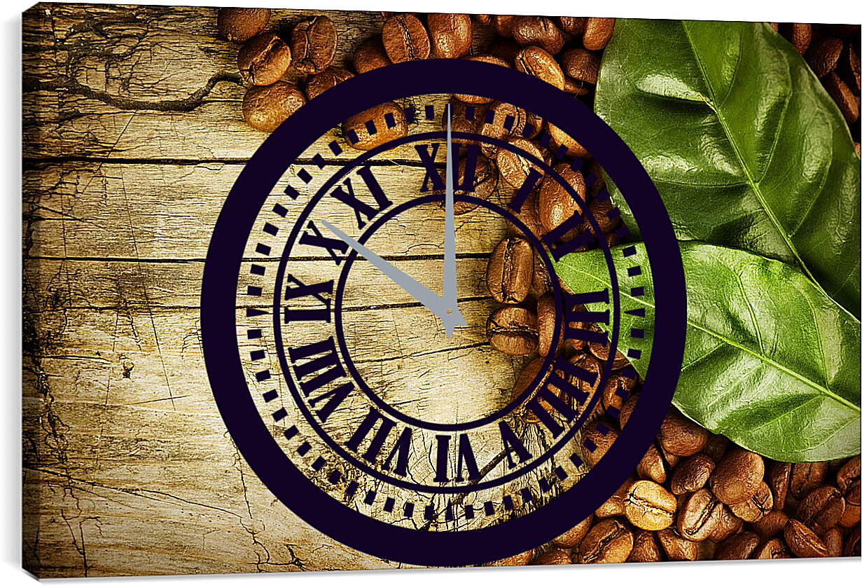 Часы картина - Кофейные зёрна прикрытые листьями