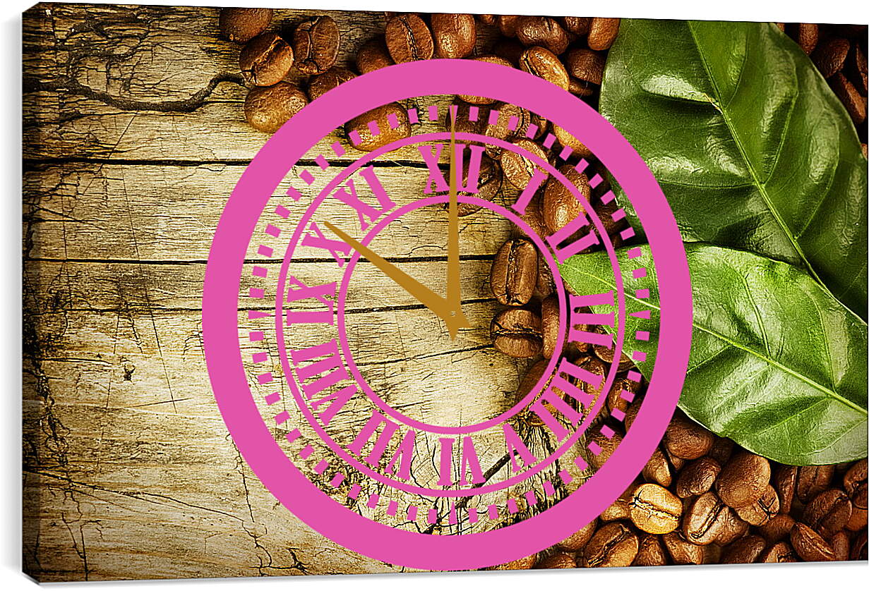Часы картина - Кофейные зёрна прикрытые листьями