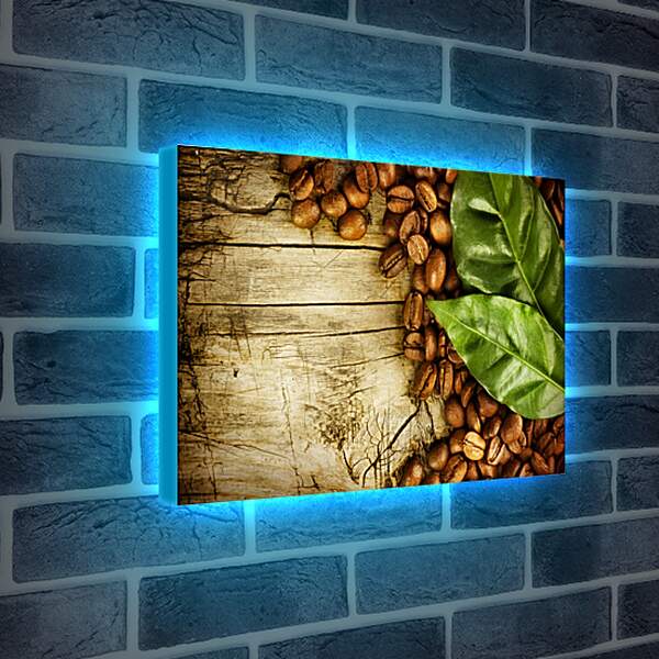 Лайтбокс световая панель - Кофейные зёрна прикрытые листьями